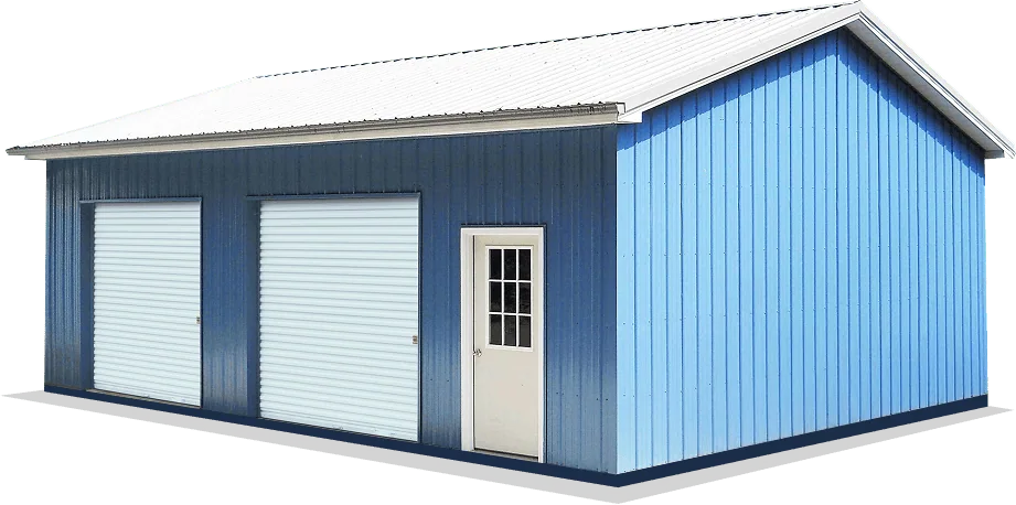 A TOL metal garage with blue walls and white roof and trim