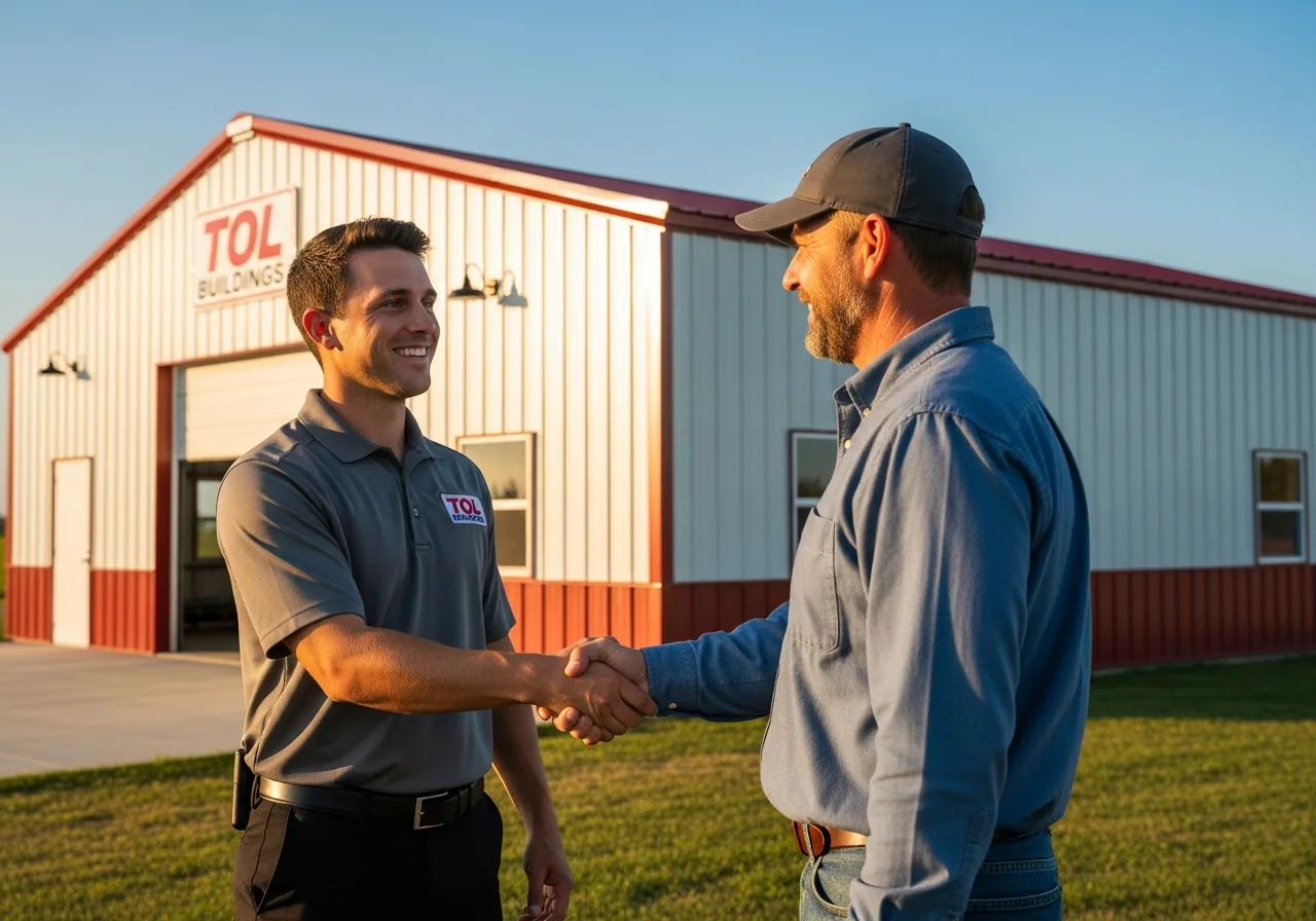 TOL Buildings sales rep shaking hands with a new dealer in front of a finished steel building