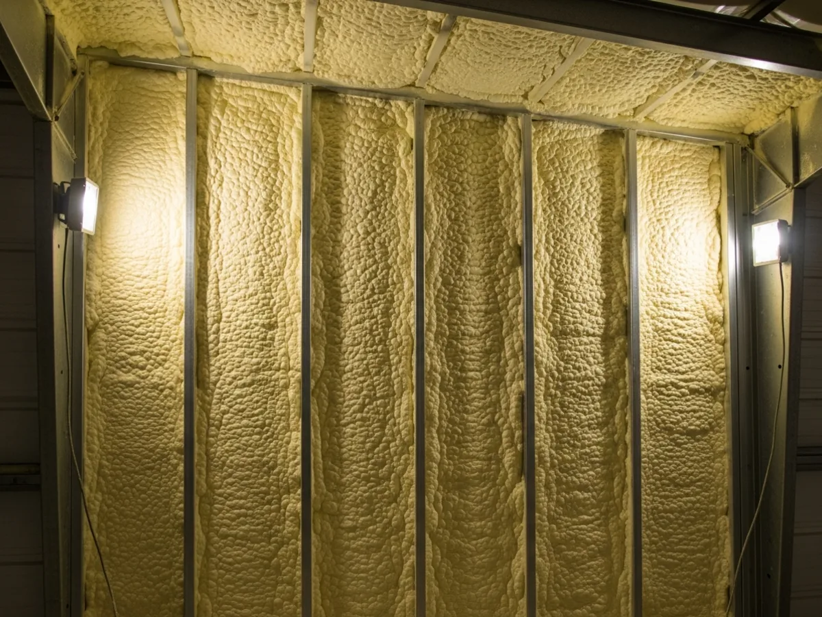 Closed cell spray foam insulation applied inside a TOL metal building