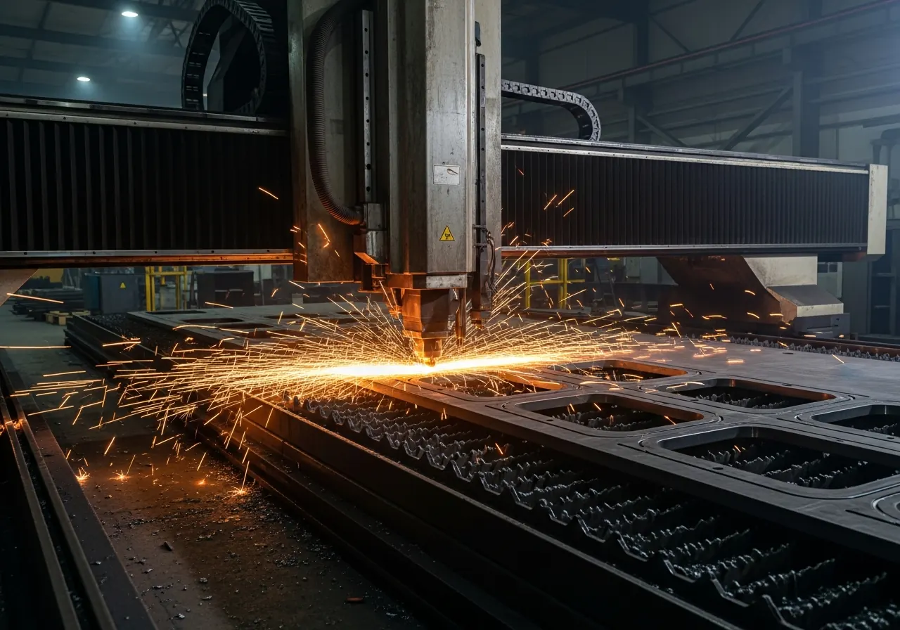 Steel components being cut and punched in a manufacturing facility