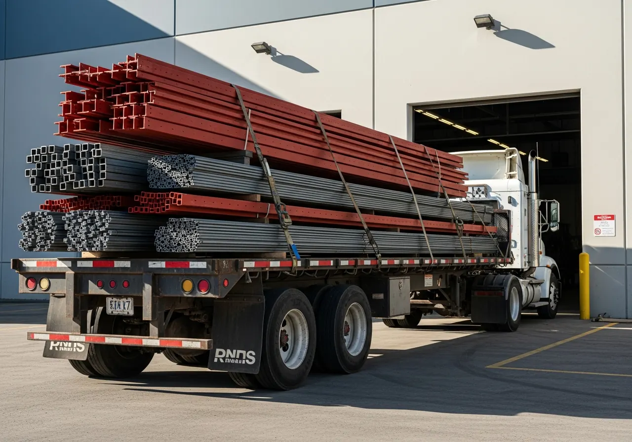 TOL Buildings delivery truck loaded with a complete steel building package