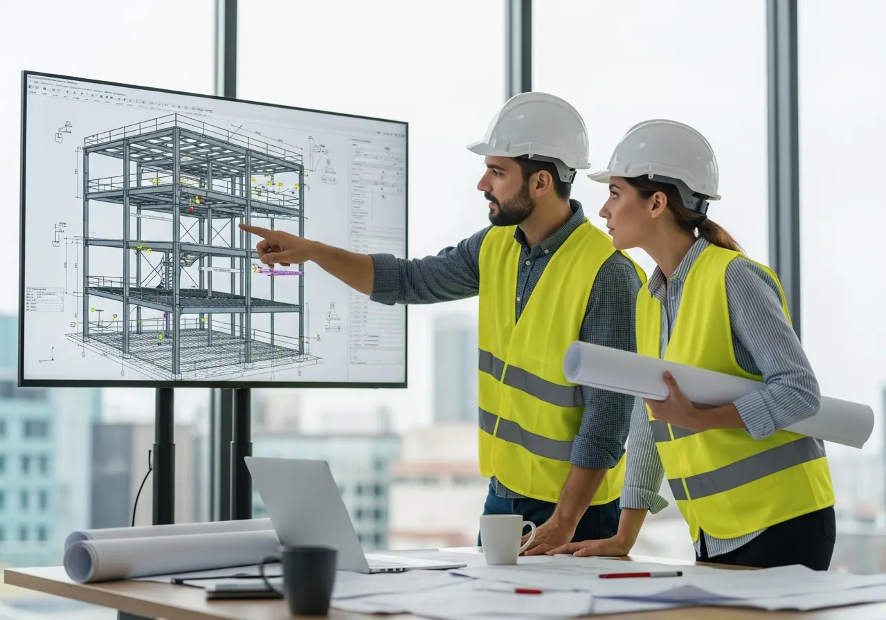 Engineer reviewing CAD drawings of a steel building structure