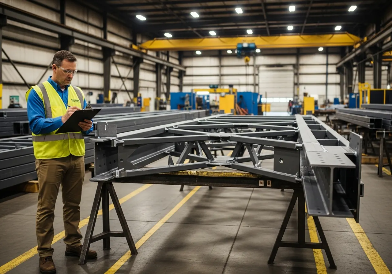 Quality control inspector verifying steel frame components