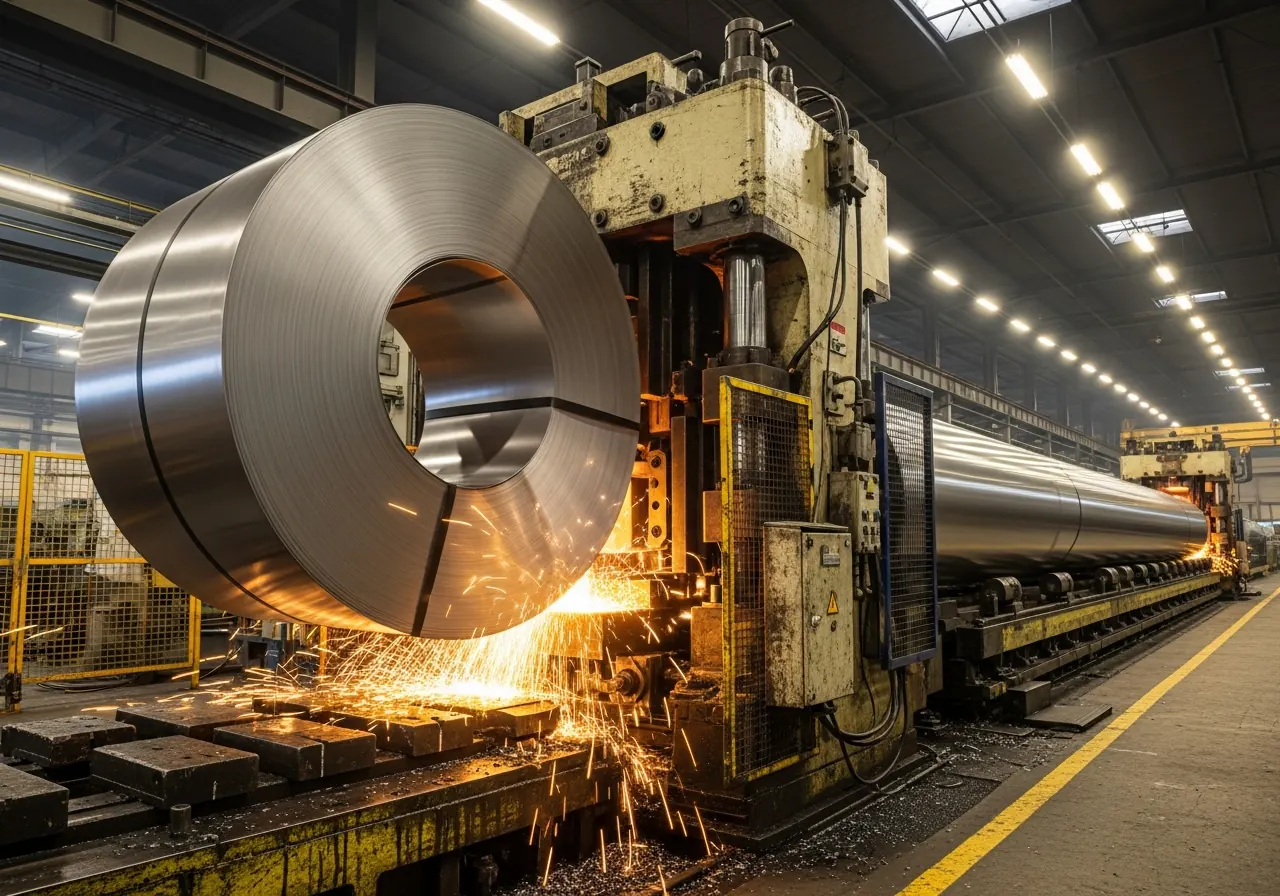 Steel coil running through a precision roll-forming machine