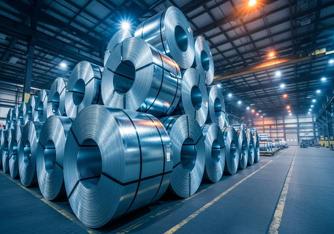 Stacked rolls of American galvanized steel coil ready for forming